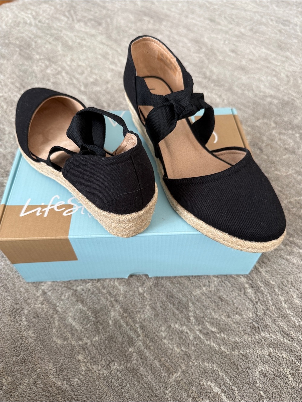 Life Stride Black Espadrille Wedge Sandals with Ankle Tie